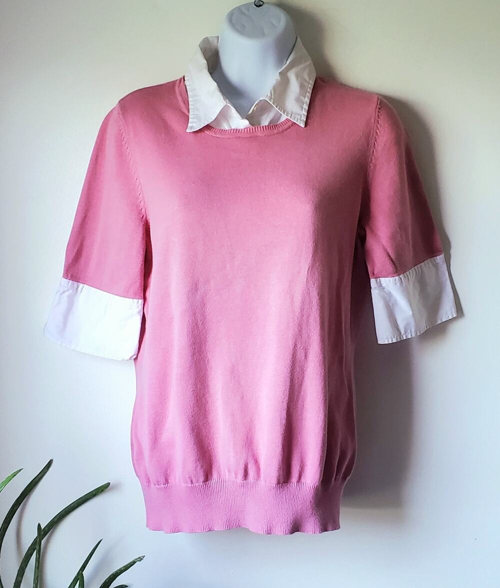 Ann Taylor Womens Pink Collared Short Sleeve  Sweater Size M Preppy Classic Y2K